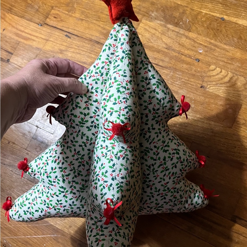 Vintage Holiday Fabric Christmas Tree Pillow - Green & Red